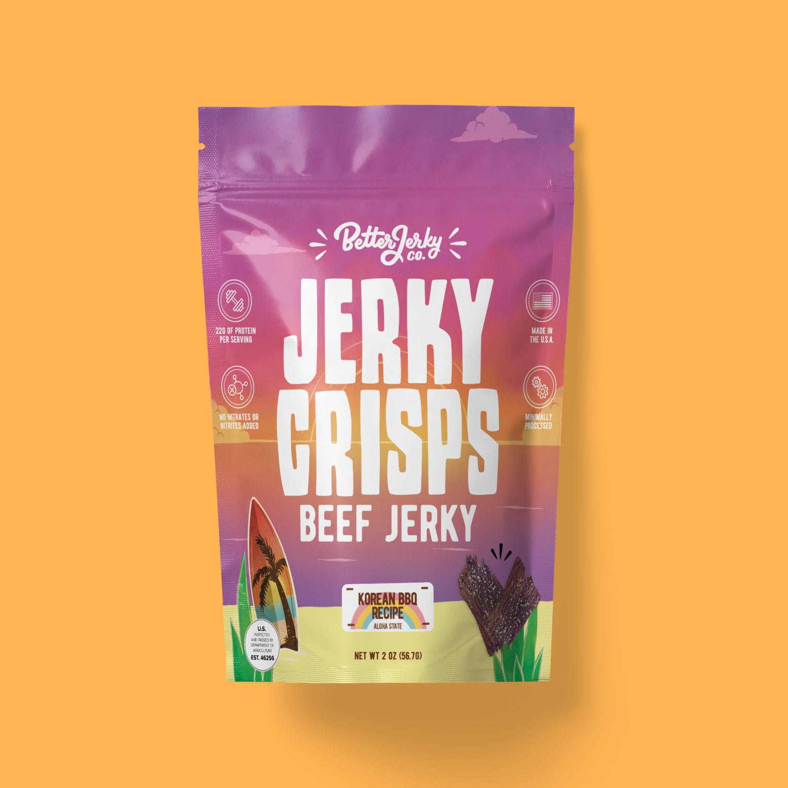 Korean BBQ flavored crispy beef jerky from Hawaii. Garlic flavored crispy beef jerky from Hawaii. These Jerky Crisps are made with premium quality beef and are keto-friendly and high in protein, which makes a healthy on-the-go snack.