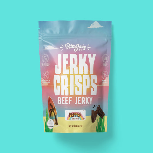 Pepper crispy beef jerky from Hawaii with cracked black pepper and natural smoke flavoring. These Jerky Crisps are made with premium quality beef and are keto-friendly and high in protein, which makes a healthy on-the-go snack.